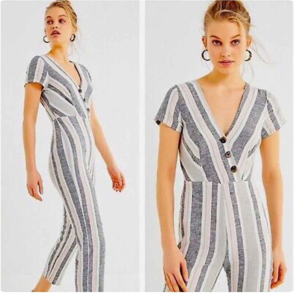 Urban Outfitters Linen striped surplice button Jumpsuit womens size XS